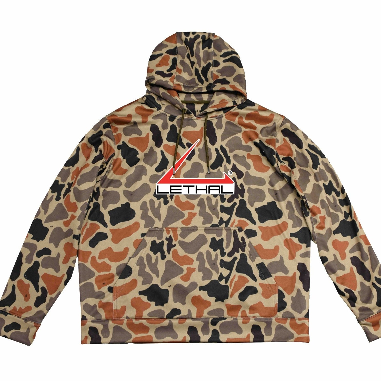 Camouflage hoodie with 'Lethal' logo on a white background